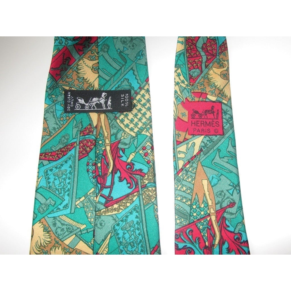 Hermes Vintage Green Etendards et Bannieres Twill Silk Tie, Nr 7286 MA - poupishop