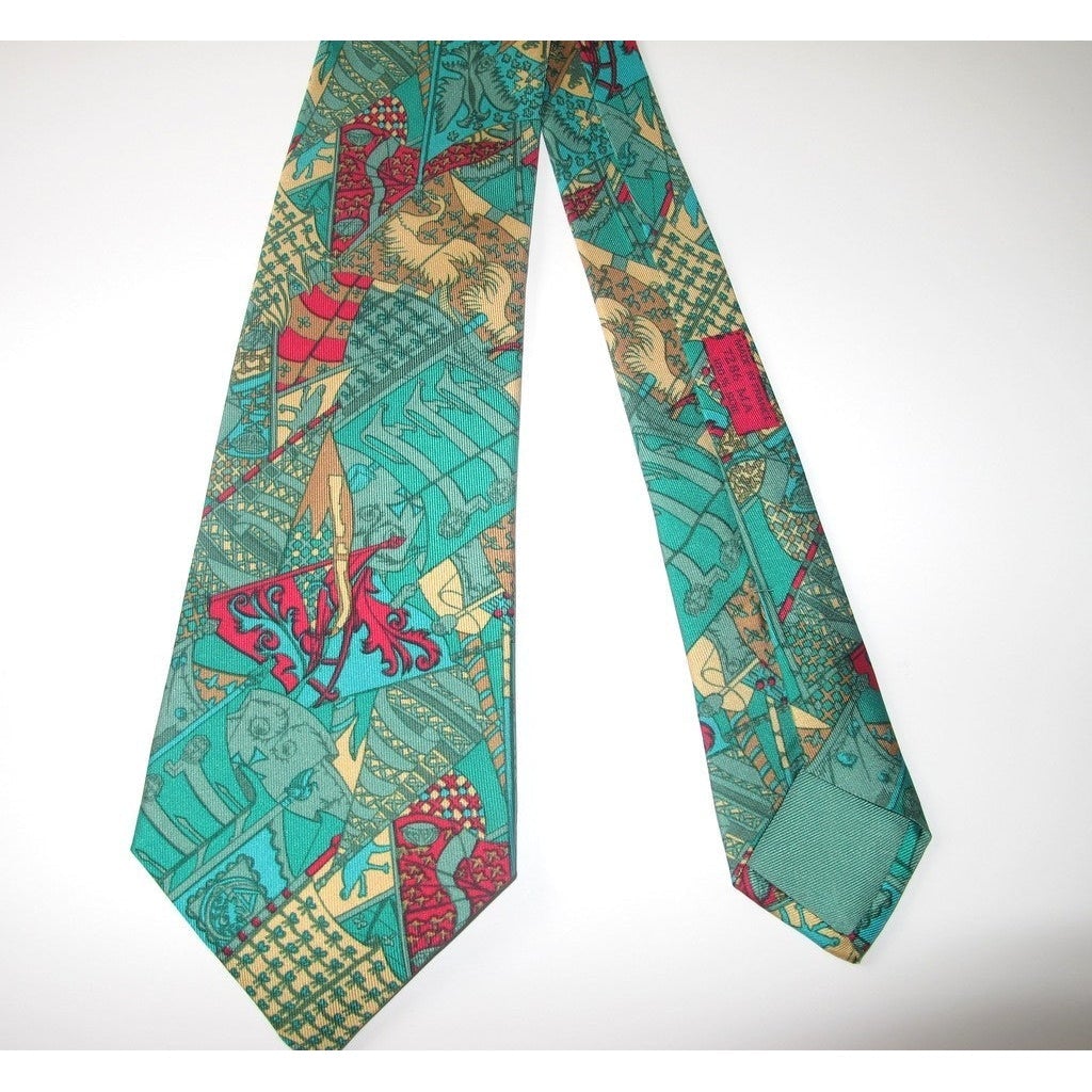 Hermes Vintage Green Etendards et Bannieres Twill Silk Tie, Nr 7286 MA - poupishop