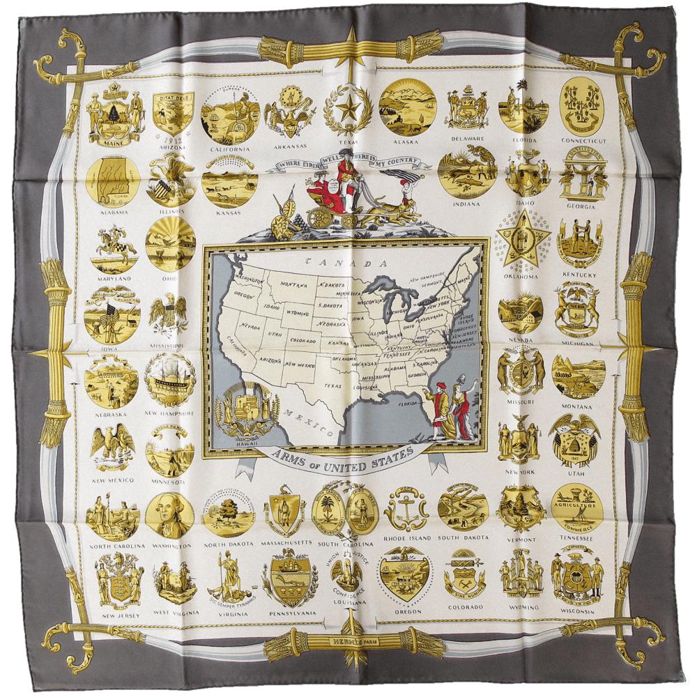 Hermes Vintage Grey Gold Arms of United States Twill silk 90cm - poupishop