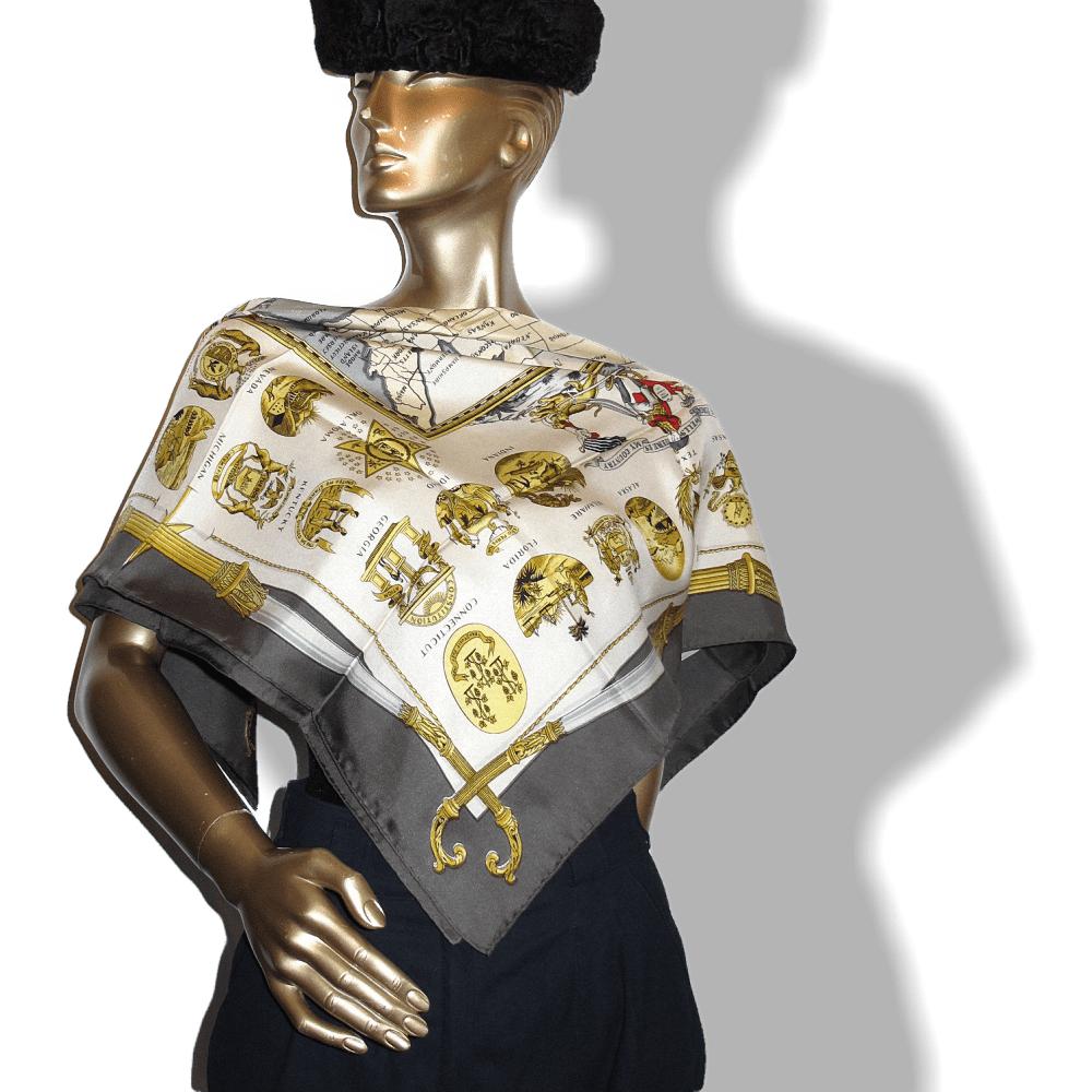 Hermes Vintage Grey Gold Arms of United States Twill silk 90cm - poupishop