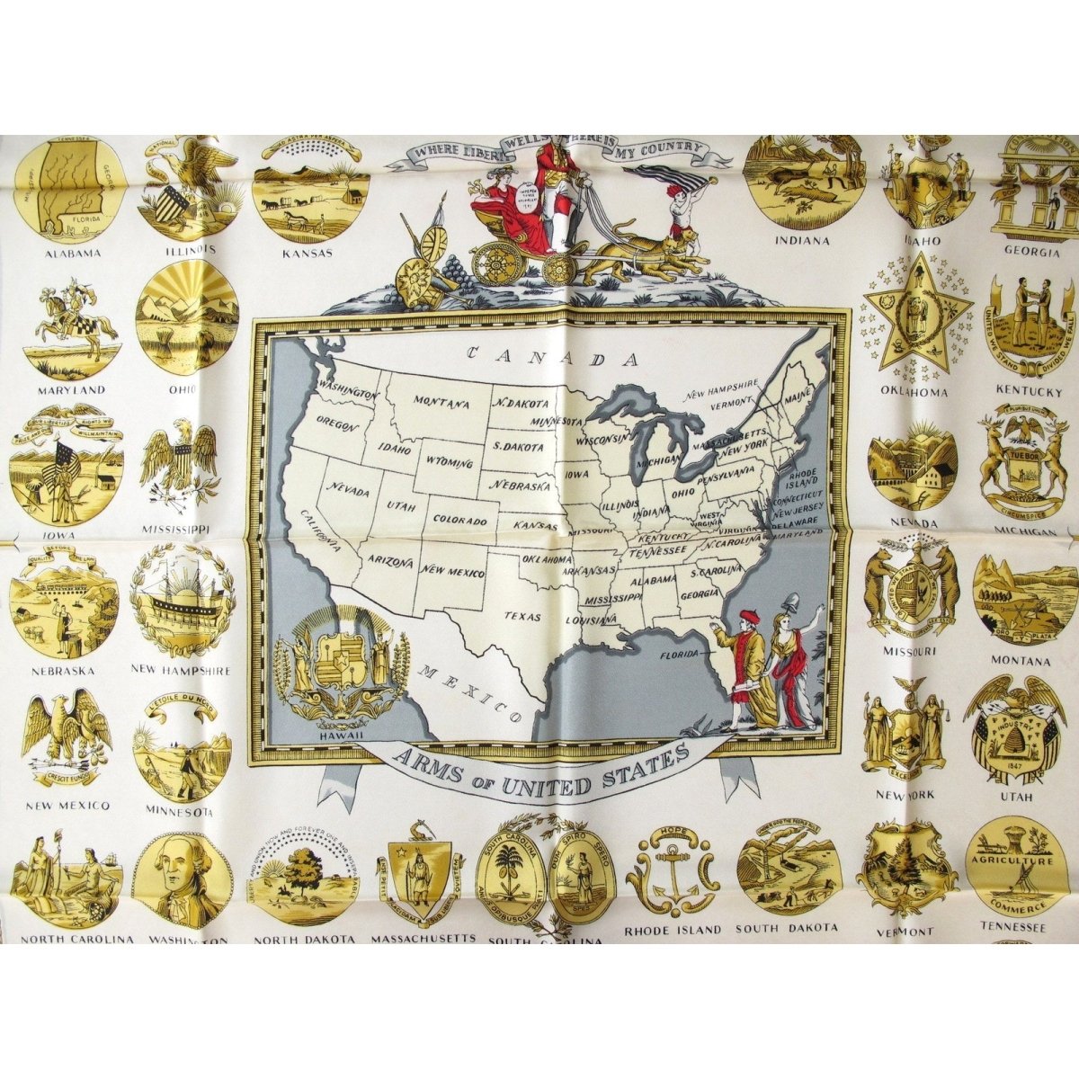 Hermes Vintage Grey Gold Arms of United States Twill silk 90cm - poupishop
