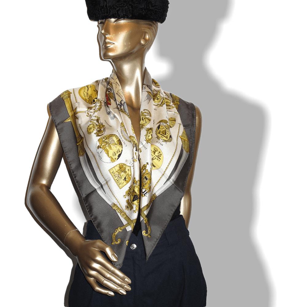 Hermes Vintage Grey Gold Arms of United States Twill silk 90cm - poupishop