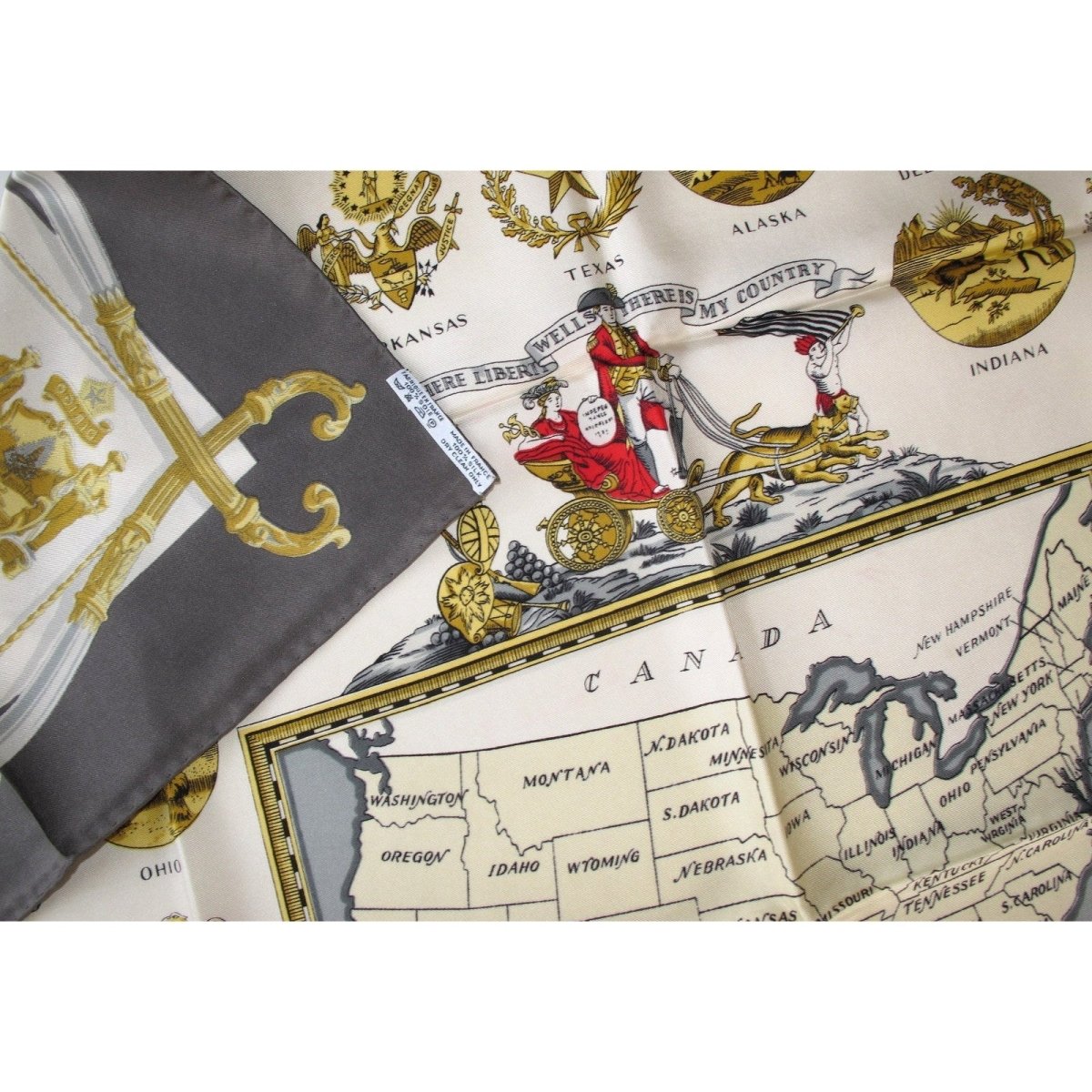 Hermes Vintage Grey Gold Arms of United States Twill silk 90cm - poupishop