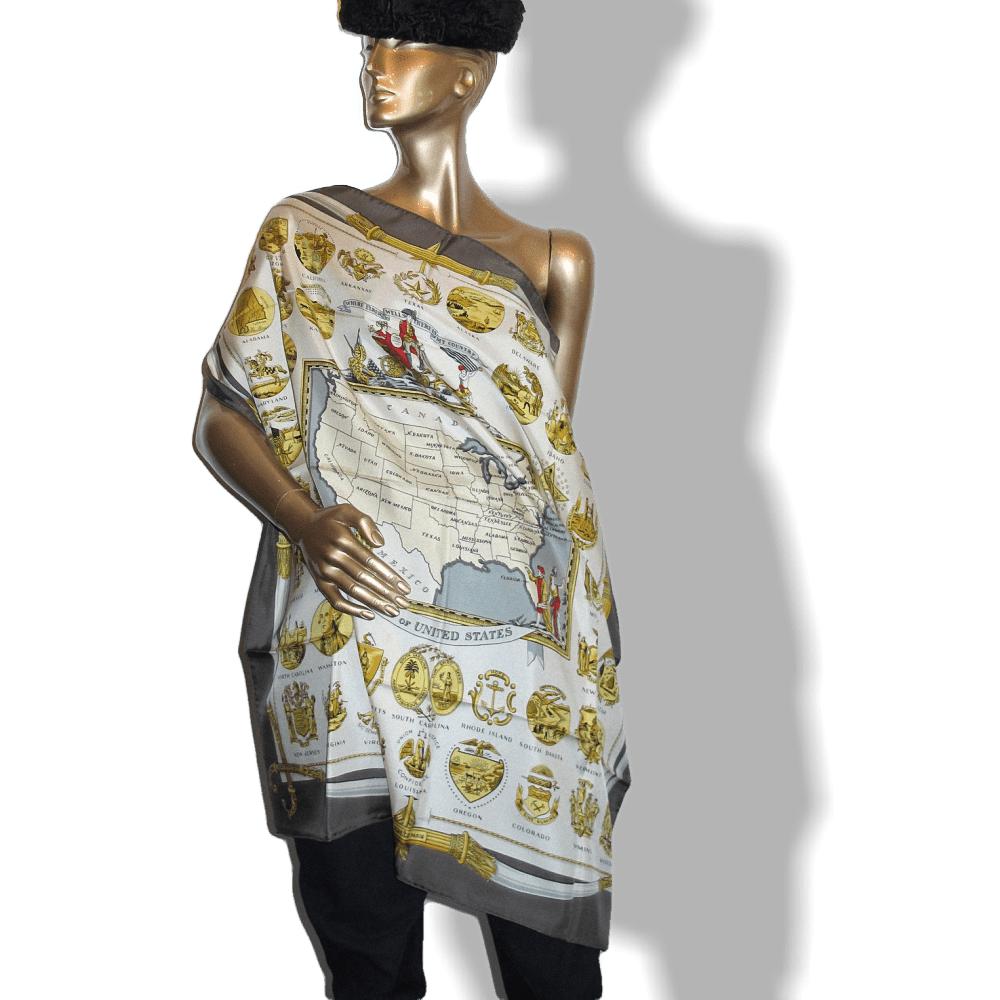 Hermes Vintage Grey Gold Arms of United States Twill silk 90cm - poupishop