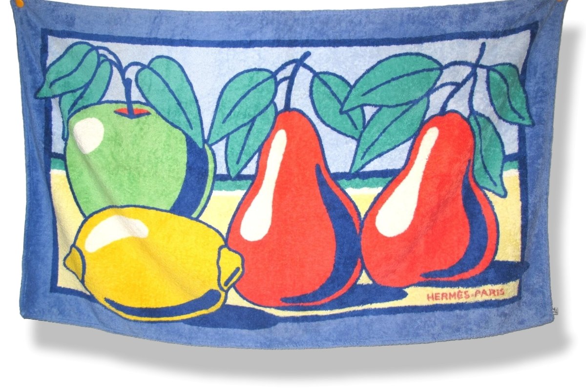 Hermes Vintage Lavande/Blanc/Multi FRUITS Tapis de Plage Terry Beach Towel 150 x 90cm cm - poupishop