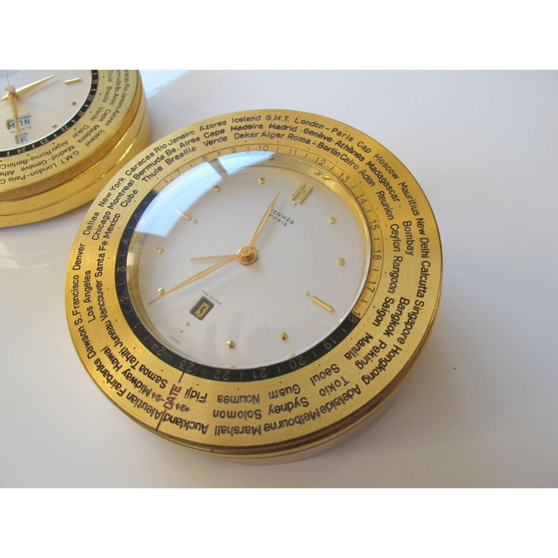 Hermes Vintage mechanical Desk Clock Heures du Monde GM, Box! - poupishop
