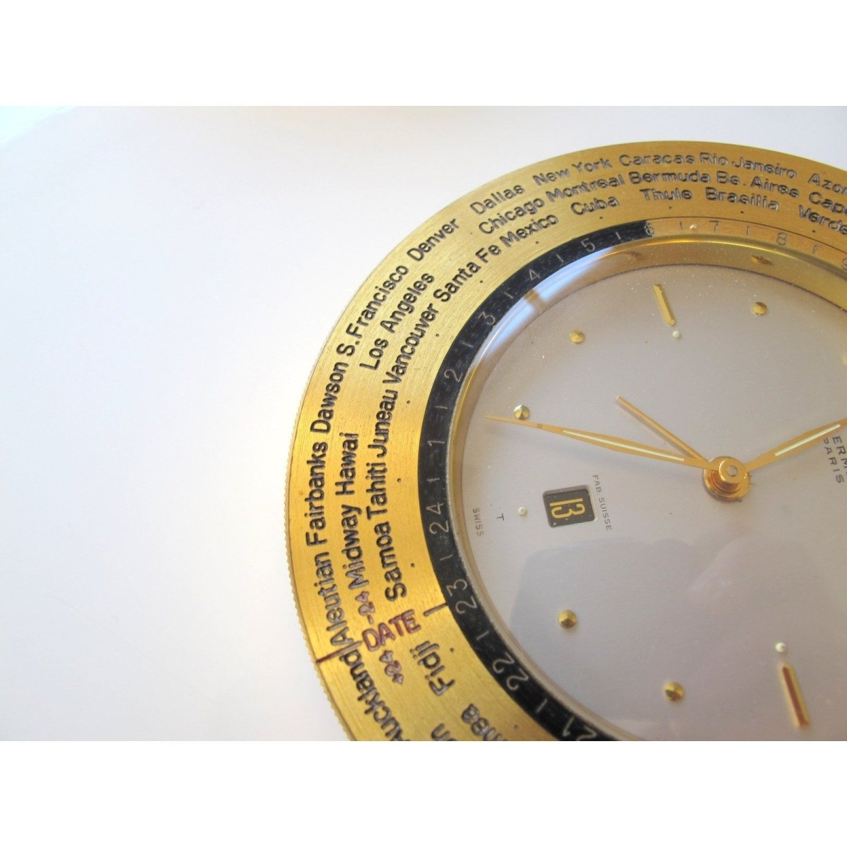 Hermes Vintage mechanical Desk Clock Heures du Monde GM, Box! - poupishop
