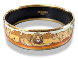 Hermes Vintage Ochre/Orange/Beige Plated Gold AFRICA Lions Wide Bangle Bracelet Sz65, Researched with Flaws! - poupishop