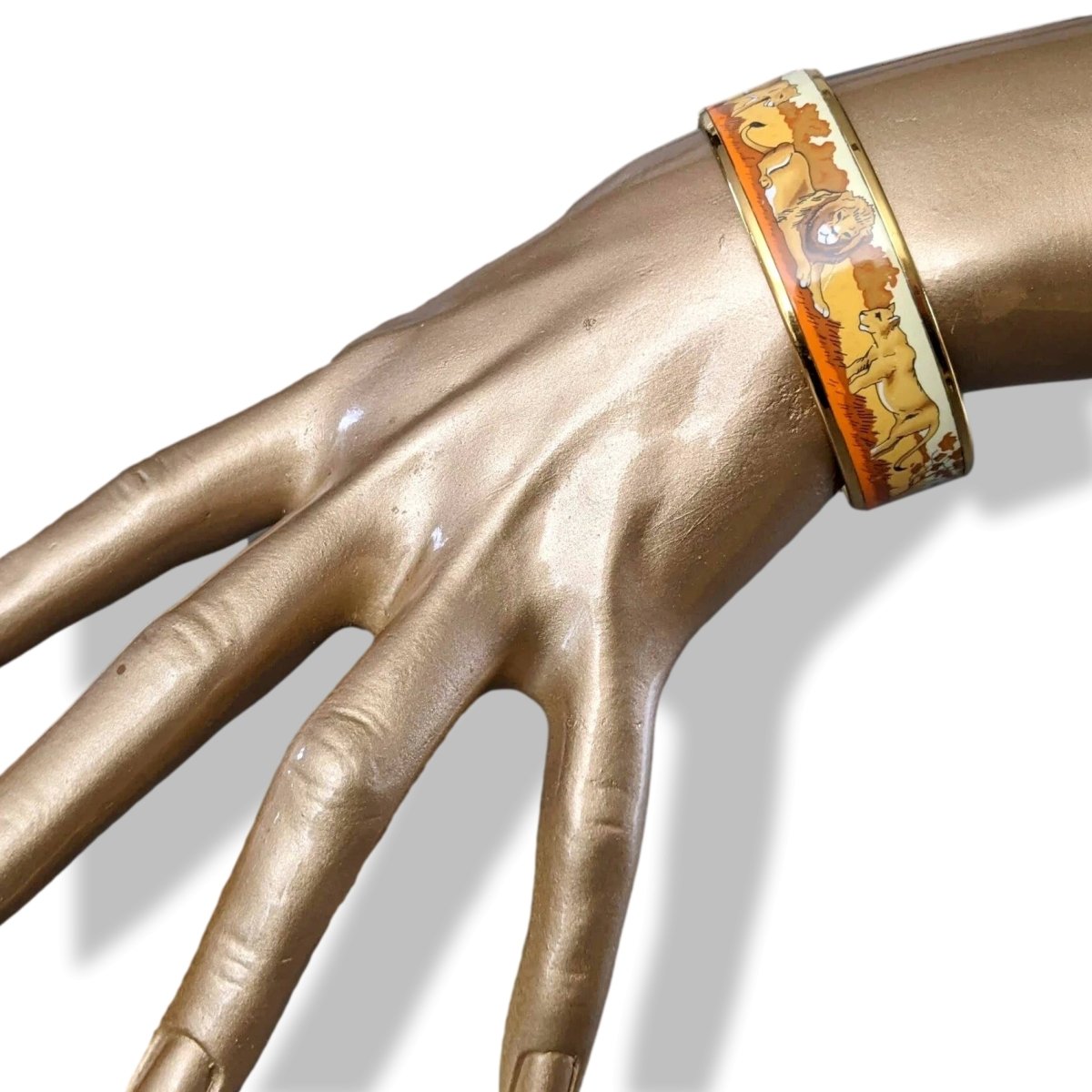 Hermes Vintage Ochre/Orange/Beige Plated Gold AFRICA Lions Wide Bangle Bracelet Sz65, Researched with Flaws! - poupishop