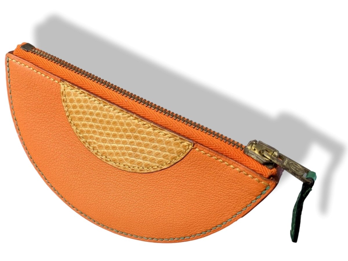 Hermes Vintage Orange Chevre/Mais Lizard MELON Fruit Zipped Wallet Coin Purse - poupishop