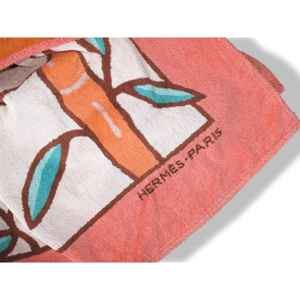 Hermes Vintage Orange Pink Koala Cotton Terry Animal Print Towel GM - poupishop