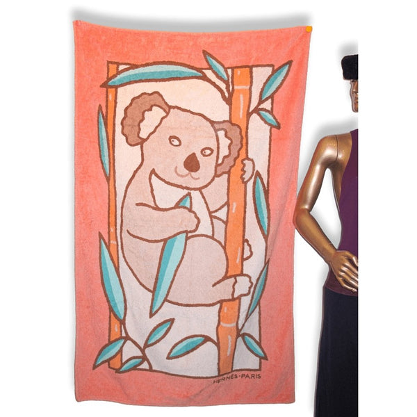 Hermes Vintage Orange Pink Koala Cotton Terry Animal Print Towel GM - poupishop