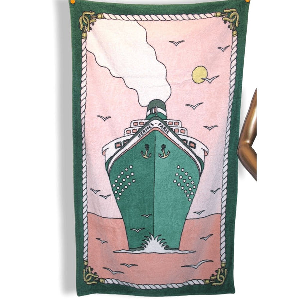Hermes Vintage Pink Green Boat Paquebot Print Terry Cotton Beach Towel 150 x 90cm cm - poupishop