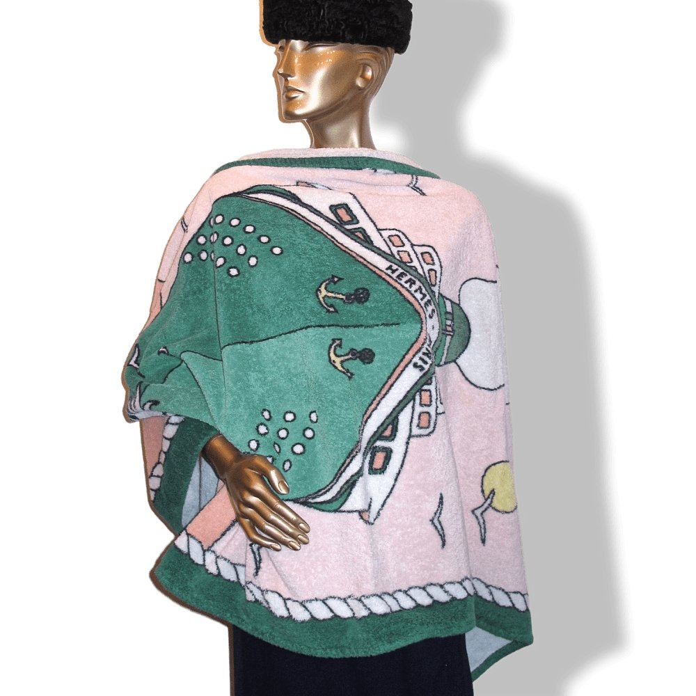 Hermes Vintage Pink Green Boat Paquebot Print Terry Cotton Beach Towel 150 x 90cm cm - poupishop