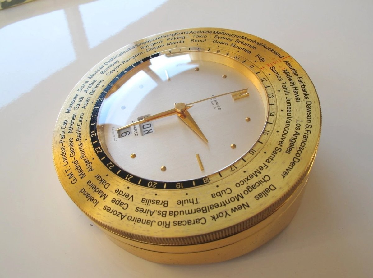 Hermes Vintage Quartz Desk Clock Heures du Monde GM - poupishop