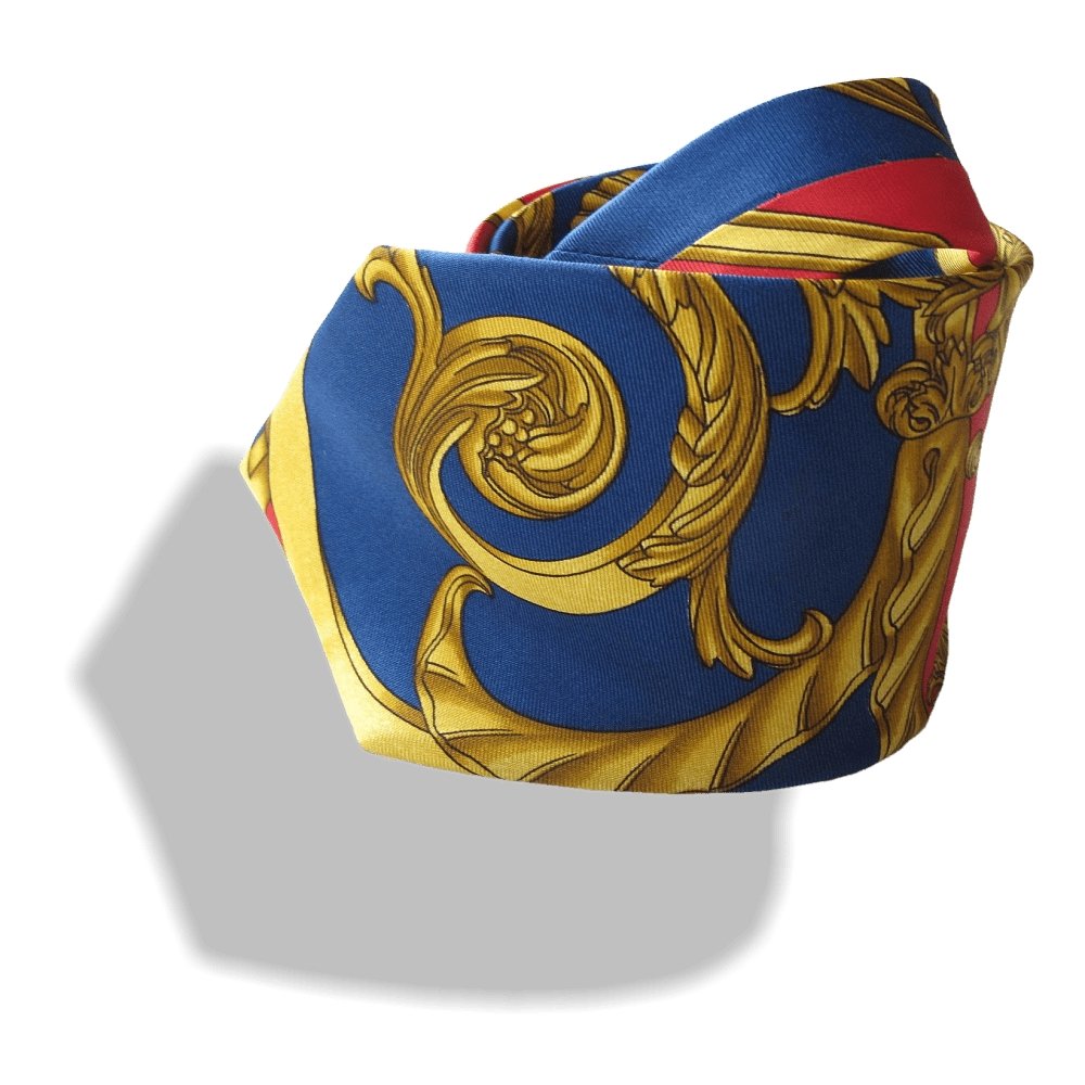 Hermes Vintage Red Blue Gold Eperon d'Or by Henri d'Origny Printed Twll Silk Tie - poupishop
