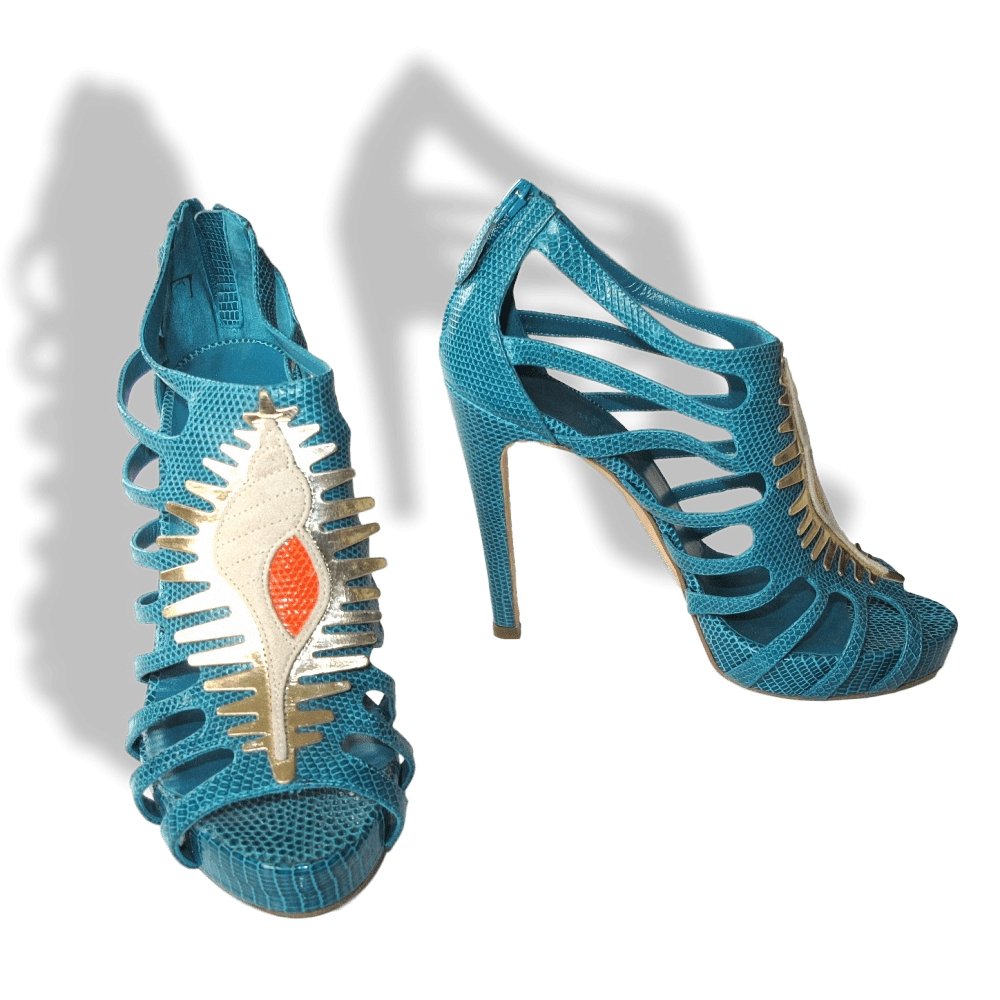 Hermes Vintage Sexy Turquoise Lizard Coquillage Women High Heels Sandals Shoes, New! - poupishop