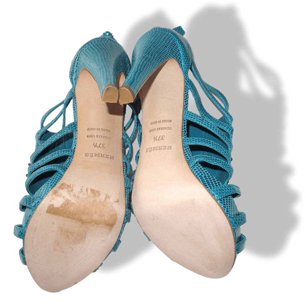Hermes Vintage Sexy Turquoise Lizard Coquillage Women High Heels Sandals Shoes, New! - poupishop