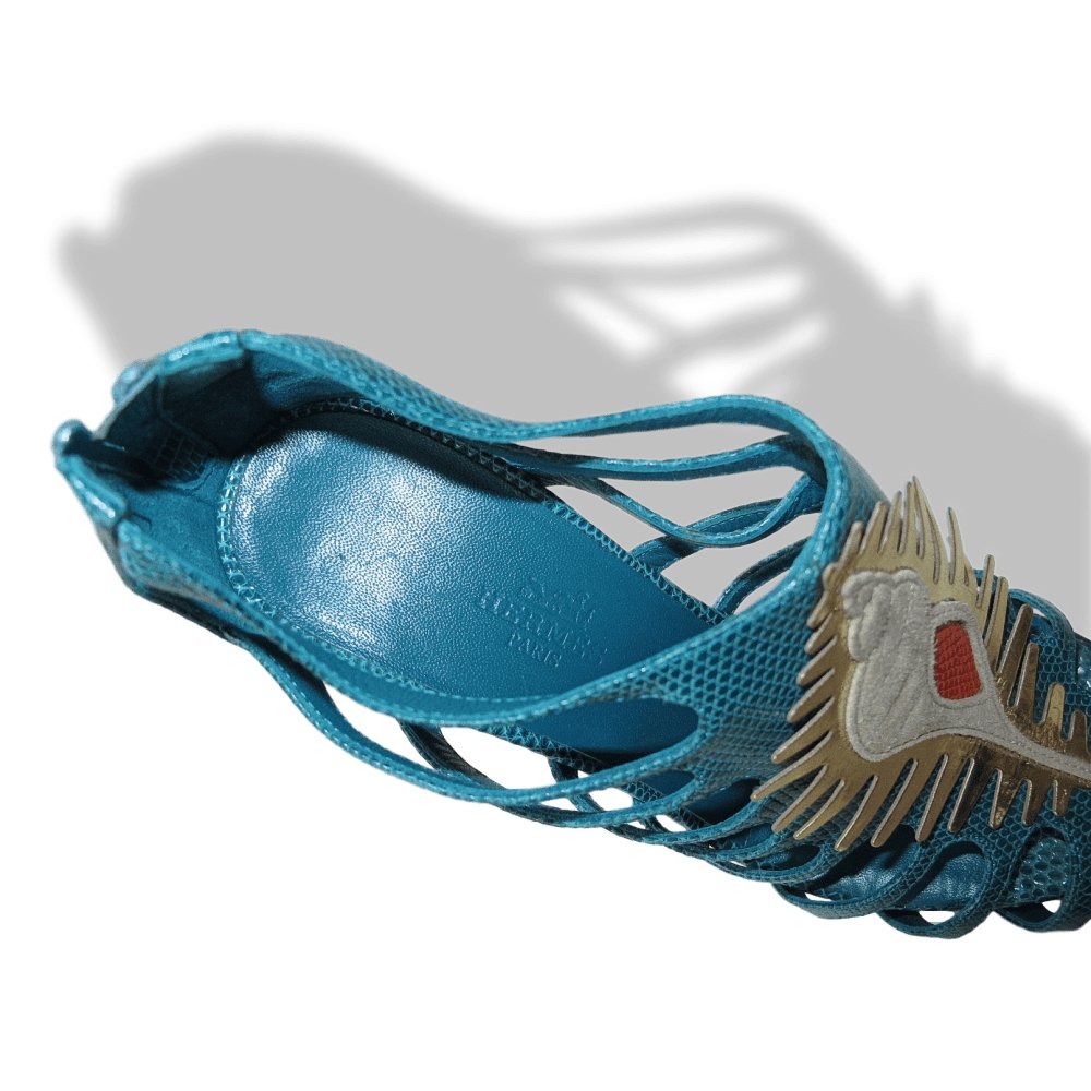 Hermes Vintage Sexy Turquoise Lizard Coquillage Women High Heels Sandals Shoes, New! - poupishop