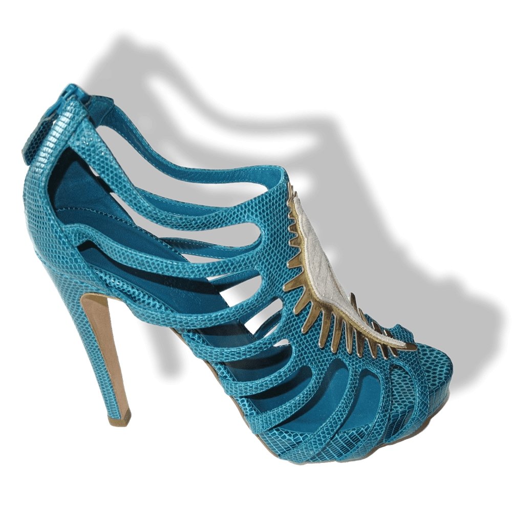 Hermes Vintage Sexy Turquoise Lizard Coquillage Women High Heels Sandals Shoes, New! - poupishop