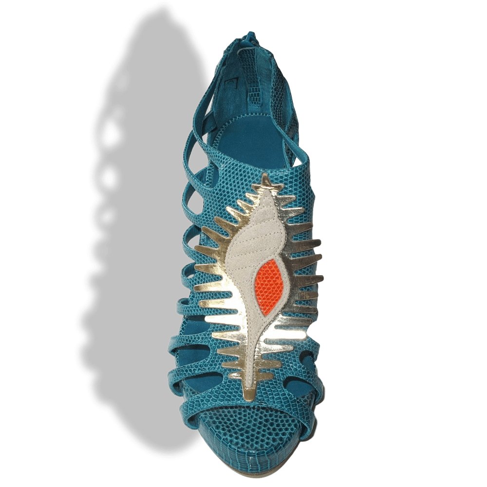 Hermes Vintage Sexy Turquoise Lizard Coquillage Women High Heels Sandals Shoes, New! - poupishop