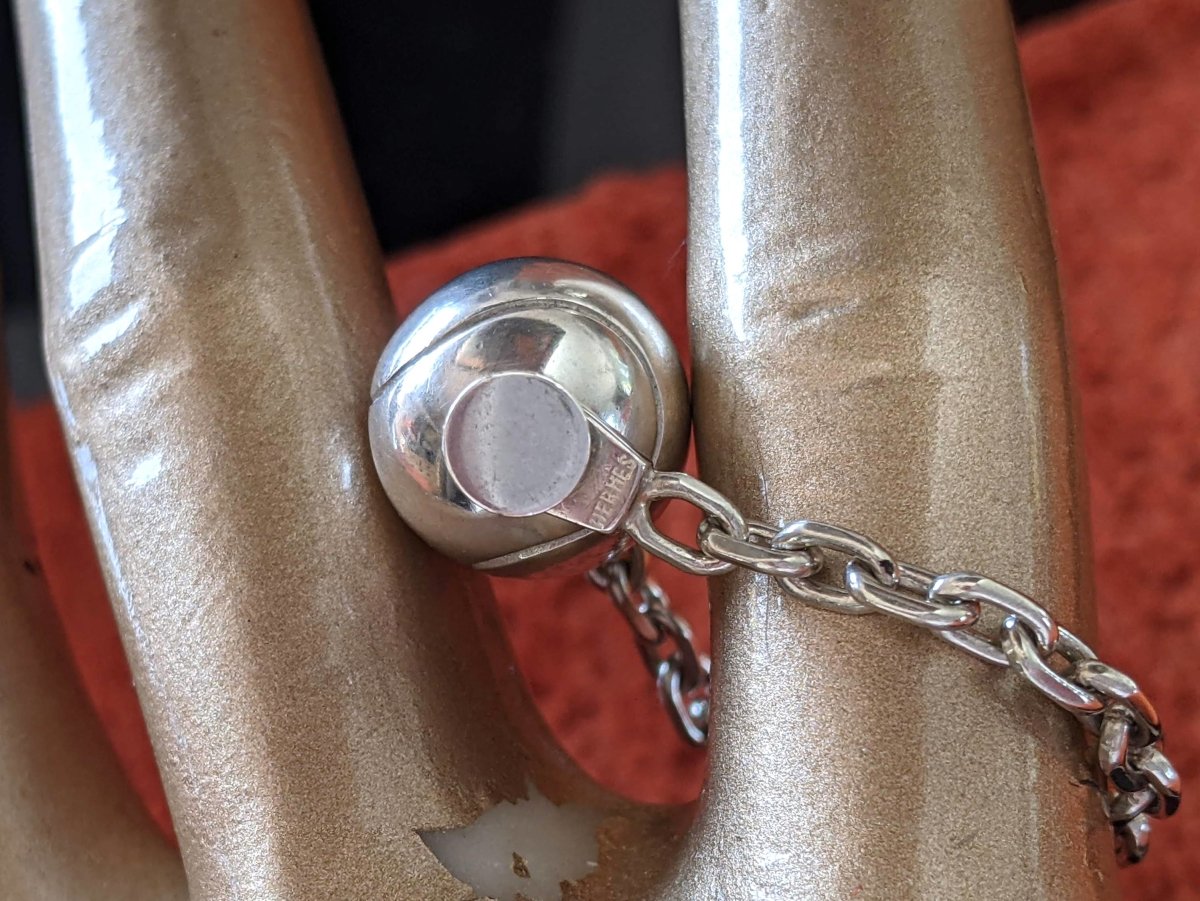 Hermes Vintage Shiny Sterling Silver Tennis Ball Bag Charm Key Ring, Rare, New! - poupishop