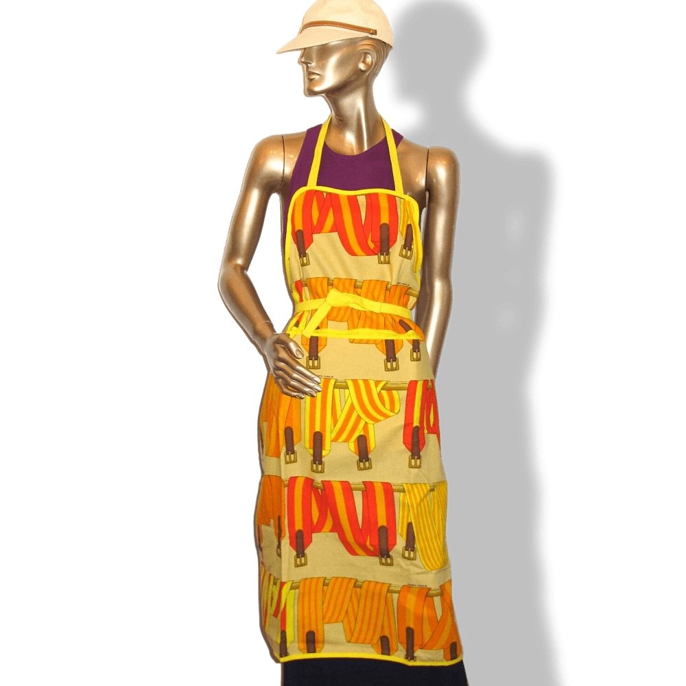 Hermes Vintage Yellow Red Orange SANGLES 100% Cotton Cooking Apron and Kitchen Towel, New! - poupishop