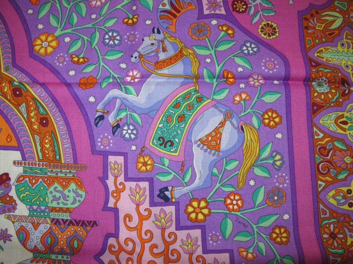 Hermes Violet/Orange/Vert AUX PORTES DU PALAIS by Christine Henry Cashmere Shawl 140, BNWTIB! - poupishop