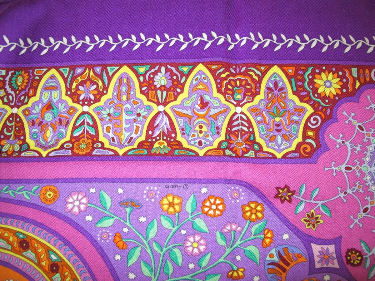 Hermes Violet/Orange/Vert AUX PORTES DU PALAIS by Christine Henry Cashmere Shawl 140, BNWTIB! - poupishop