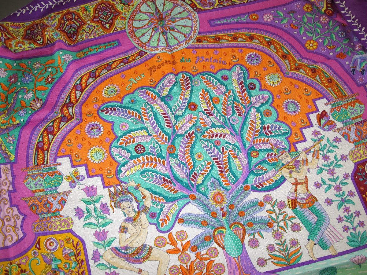 Hermes Violet/Orange/Vert AUX PORTES DU PALAIS by Christine Henry Cashmere Shawl 140, BNWTIB! - poupishop