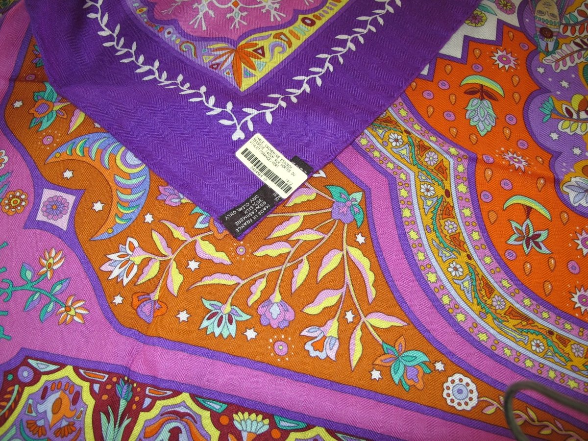 Hermes Violet/Orange/Vert AUX PORTES DU PALAIS by Christine Henry Cashmere Shawl 140, BNWTIB! - poupishop