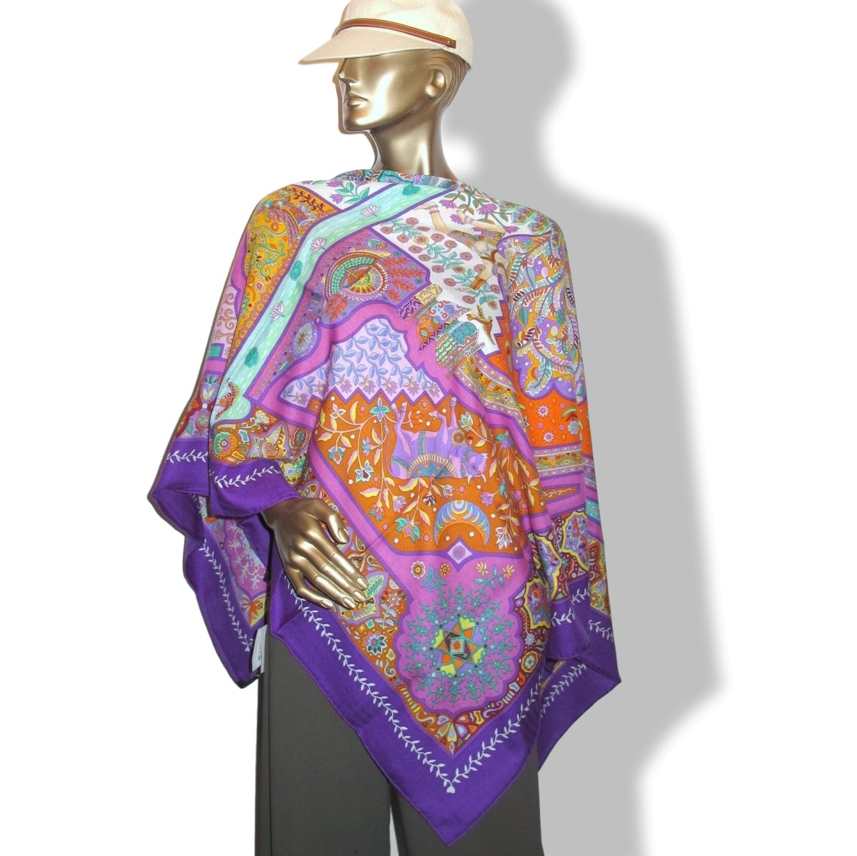 Hermes Violet/Orange/Vert AUX PORTES DU PALAIS by Christine Henry Cashmere Shawl 140, BNWTIB! - poupishop