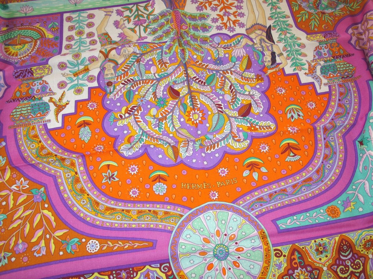 Hermes Violet/Orange/Vert AUX PORTES DU PALAIS by Christine Henry Cashmere Shawl 140, BNWTIB! - poupishop