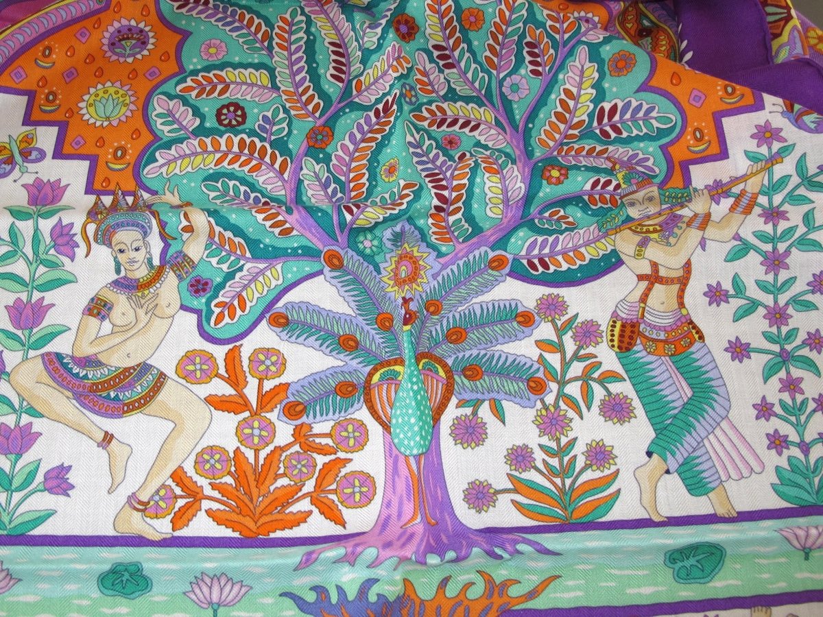 Hermes Violet/Orange/Vert AUX PORTES DU PALAIS by Christine Henry Cashmere Shawl 140, BNWTIB! - poupishop