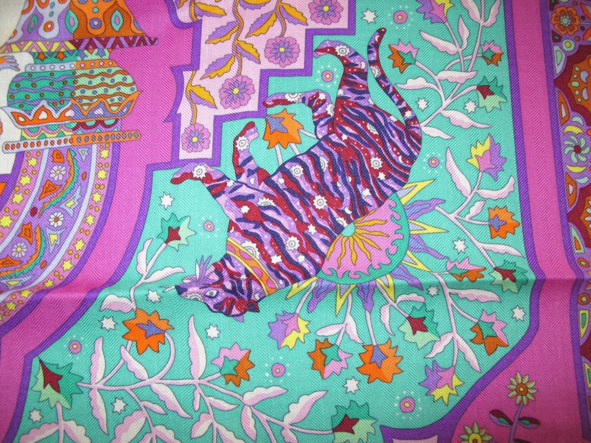 Hermes Violet/Orange/Vert AUX PORTES DU PALAIS by Christine Henry Cashmere Shawl 140, BNWTIB! - poupishop