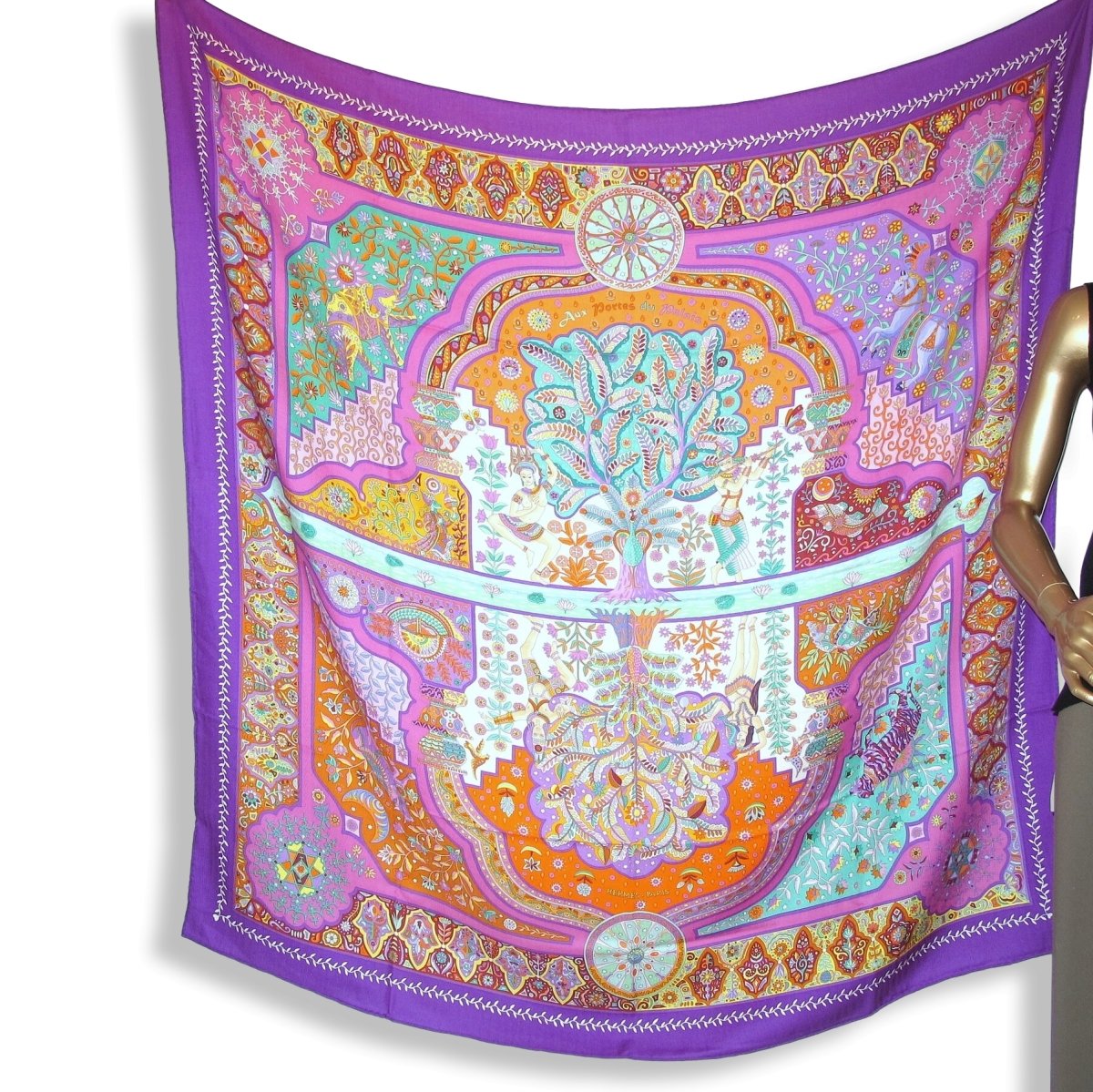 Hermes Violet/Orange/Vert AUX PORTES DU PALAIS by Christine Henry Cashmere Shawl 140, BNWTIB! - poupishop