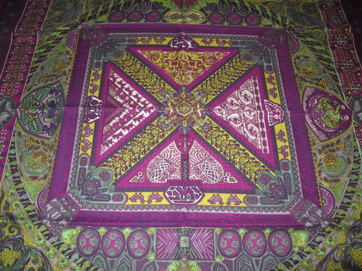 Hermes Violet/Vert/Aubergine SUR UN TAPIS VOLANT by Annie Faivre Cashmere 90cm, NWT! - poupishop