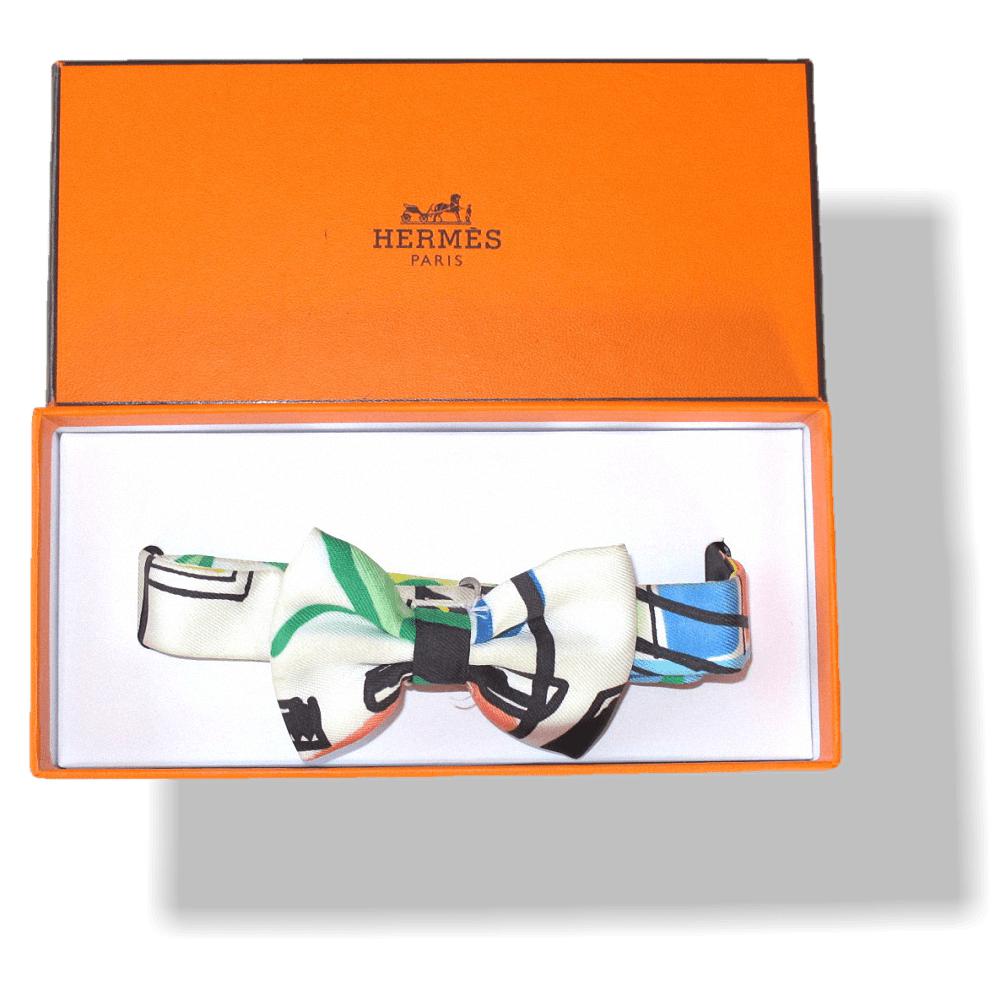 Hermes White Modernisme Tropical NOEUD PAPILLON EN CARRE Mini Bow Tie for Woman Twil Silk, NIB! - poupishop