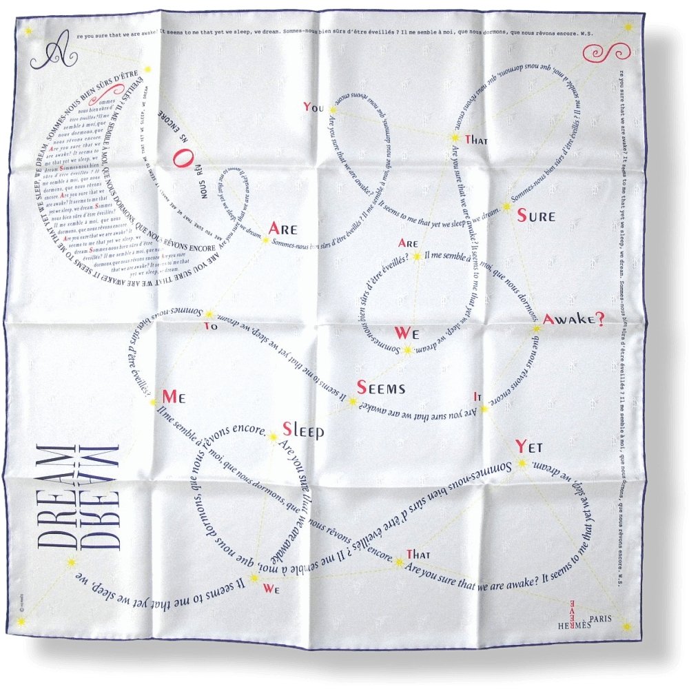 Hermes White Navy Yellow CARREVE (Shakespeare) Jacquard Twill Silk Scarf 70 cm, Rare, NIB! - poupishop