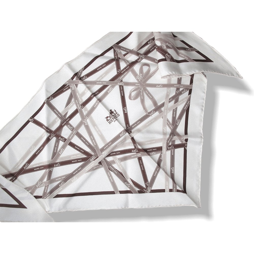 Hermes White Sepia Brown Bolduc Twill Silk Pointu, New! - poupishop