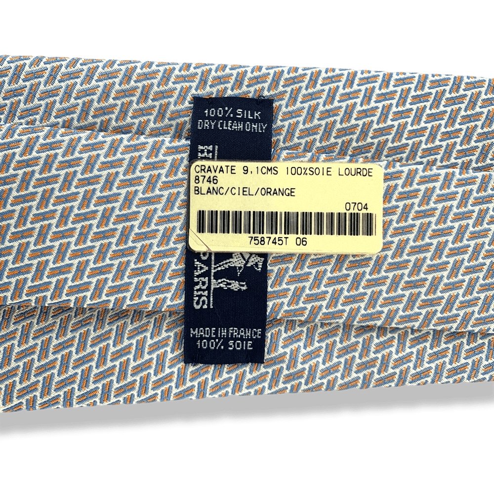 Hermes White Sky Orange 8746 H 100% Heavy Silk Tie 9CM, NWT in Pochette! - poupishop
