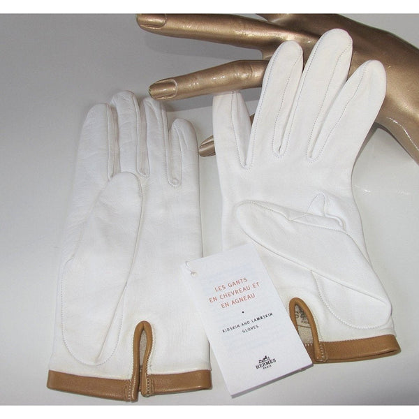 Hermes White/Grey/Tobacco Chevreau Leather Gloves Sz7, NWT! - poupishop