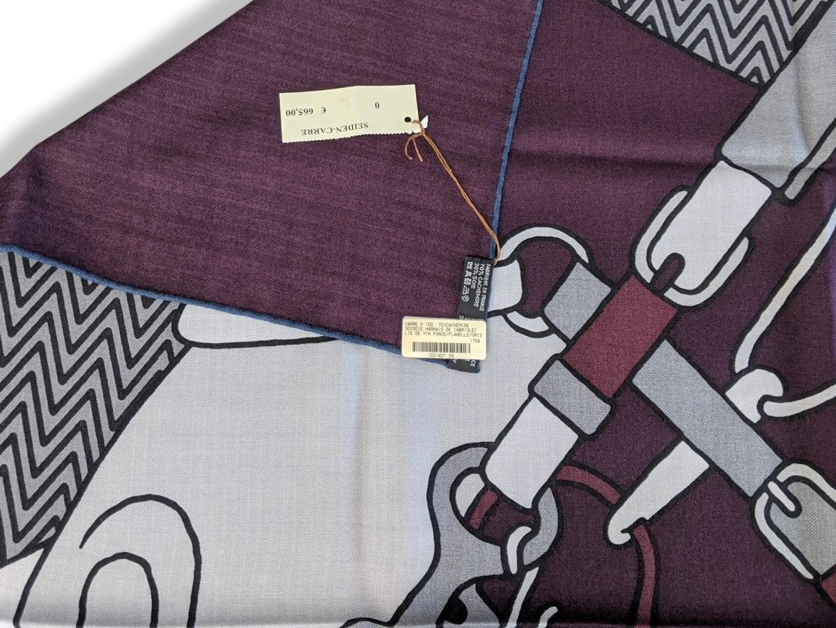 Hermes Wine/Flanelle/Grey HARNAIS DE CABRIOLET 70% Cashmere/30% Silk Carre H 100 cm, BNWT! - poupishop