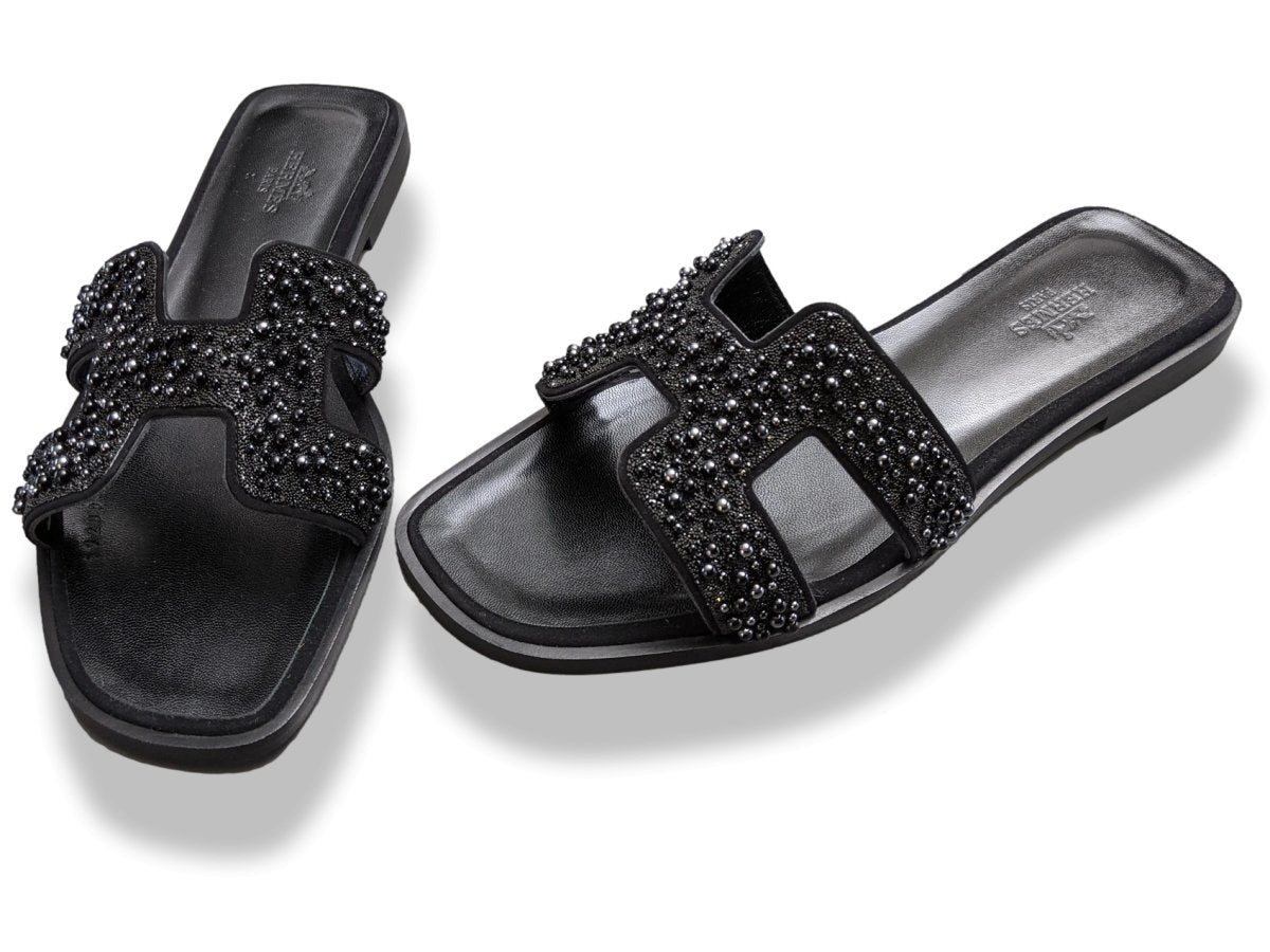 Hermes Women's Black Pearls & Crystals Sparkling ORAN Flat Slides Sandals Size 37, BNIB! - poupishop