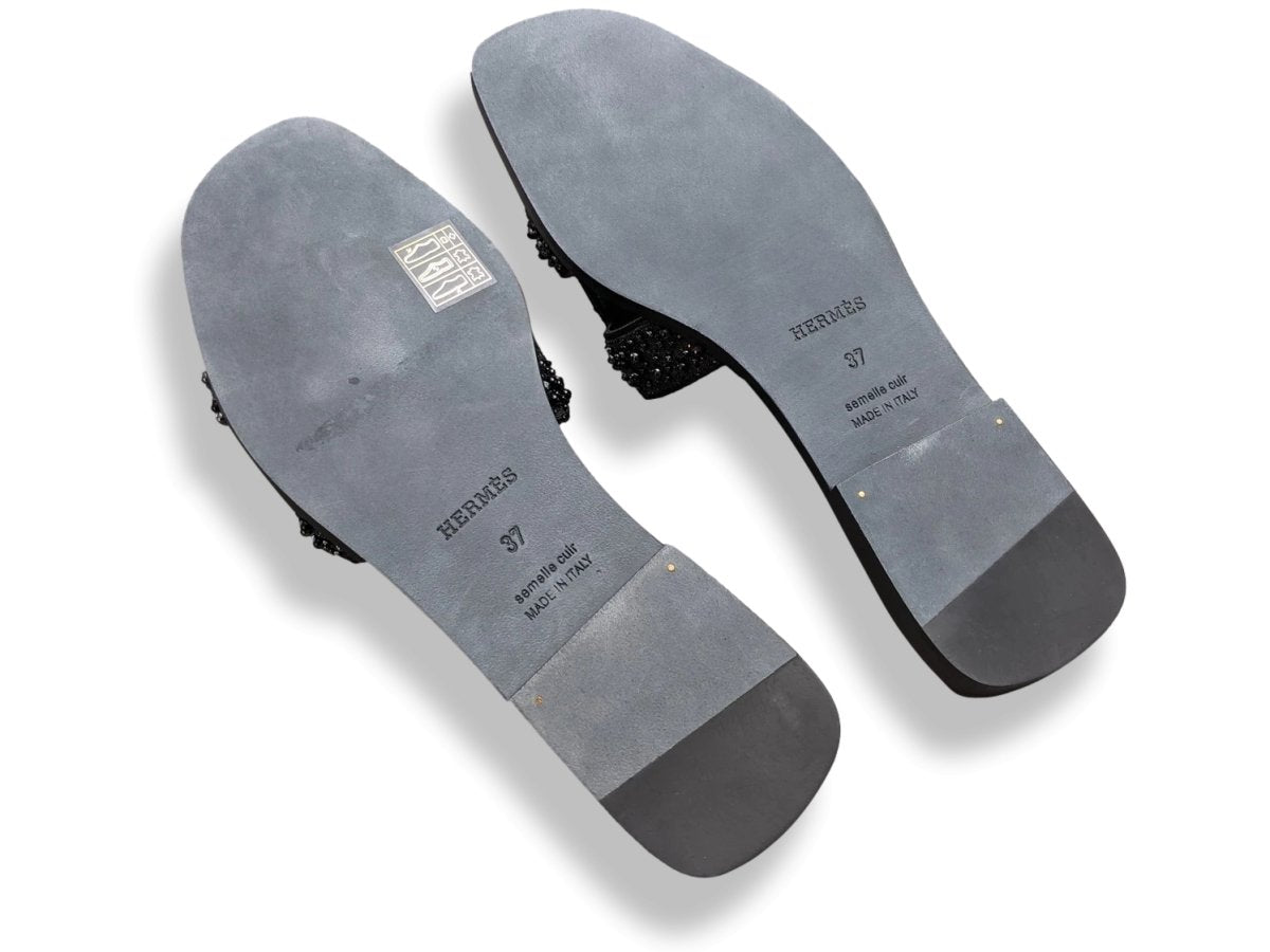 Hermes Women's Black Pearls & Crystals Sparkling ORAN Flat Slides Sandals Size 37, BNIB! - poupishop