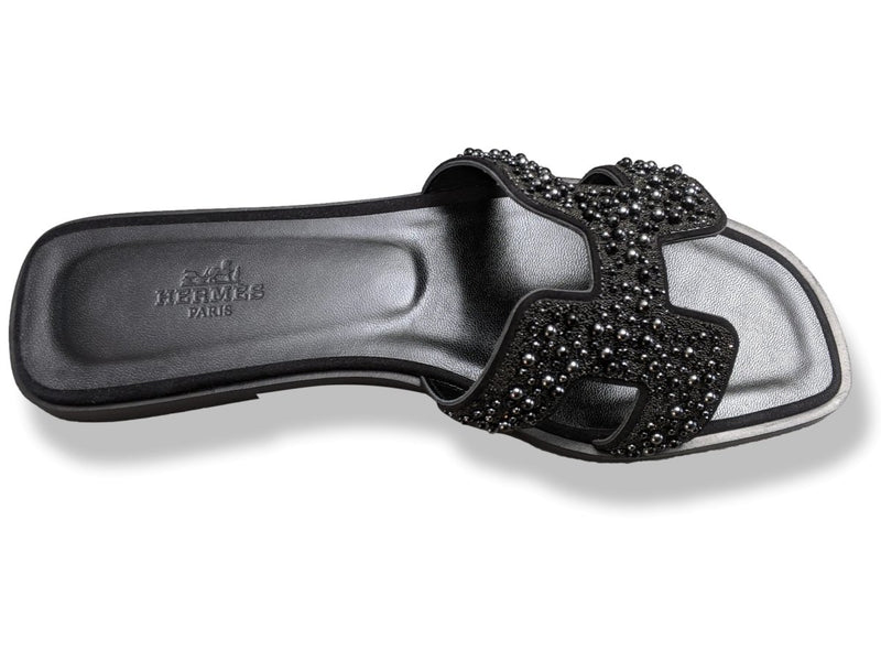 Hermes Women's Black Pearls Crystals Sparkling ORAN Flat Slides