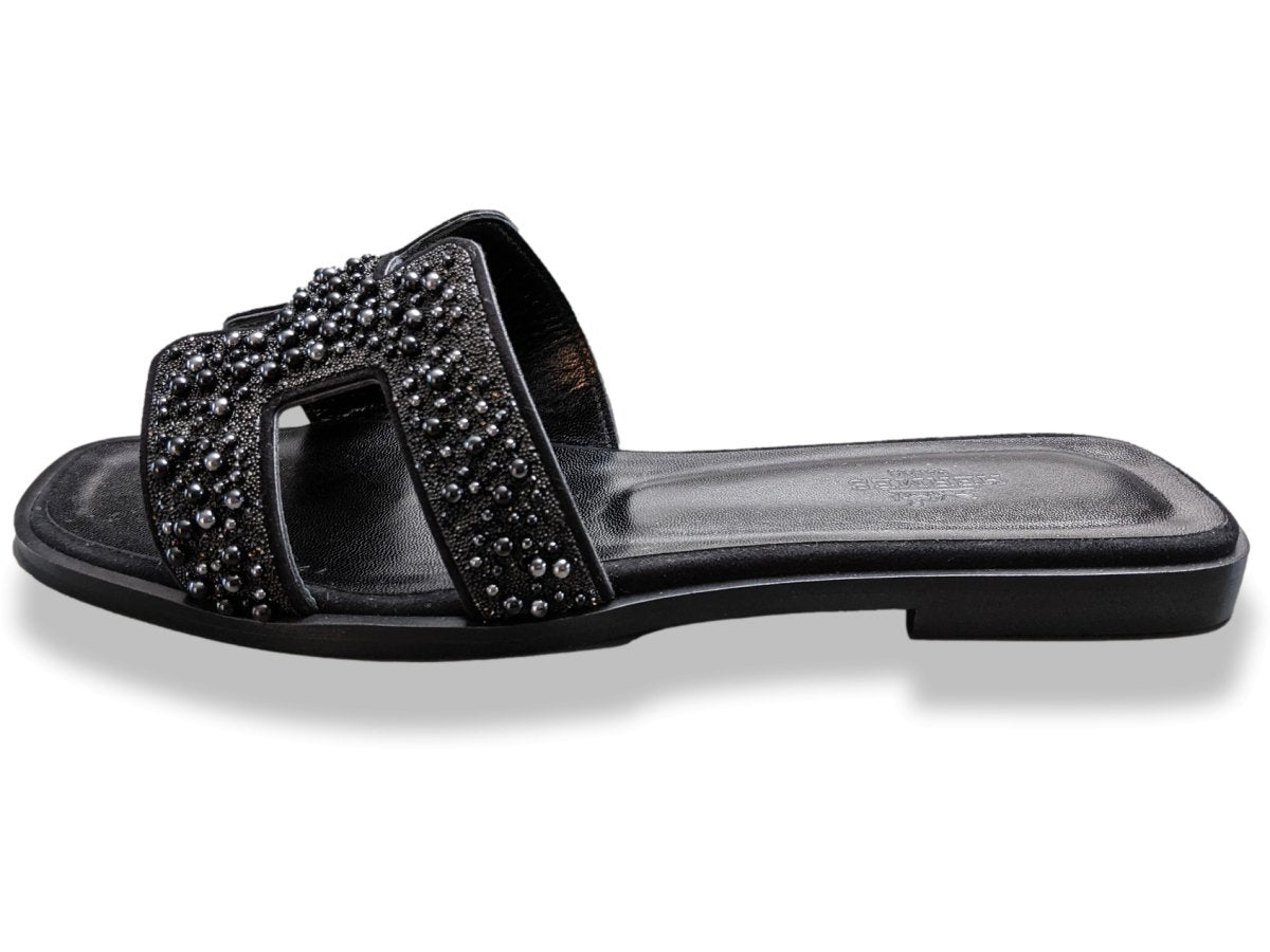 Hermes Women's Black Pearls & Crystals Sparkling ORAN Flat Slides Sandals Size 37, BNIB! - poupishop