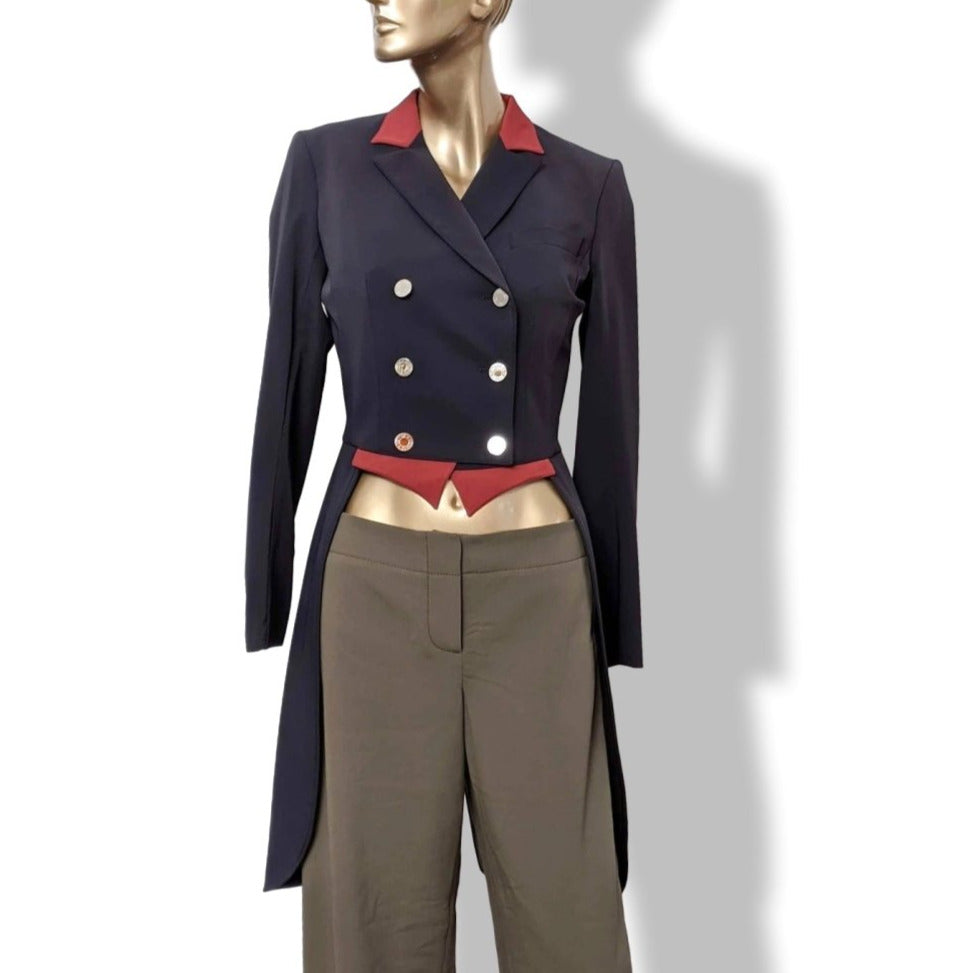 Hermes Women's Blue/Red Calfskin Lining Queue de Pie FRAC DE DRESSAGE TAILCOAT Jacket Sz38, New! - poupishop