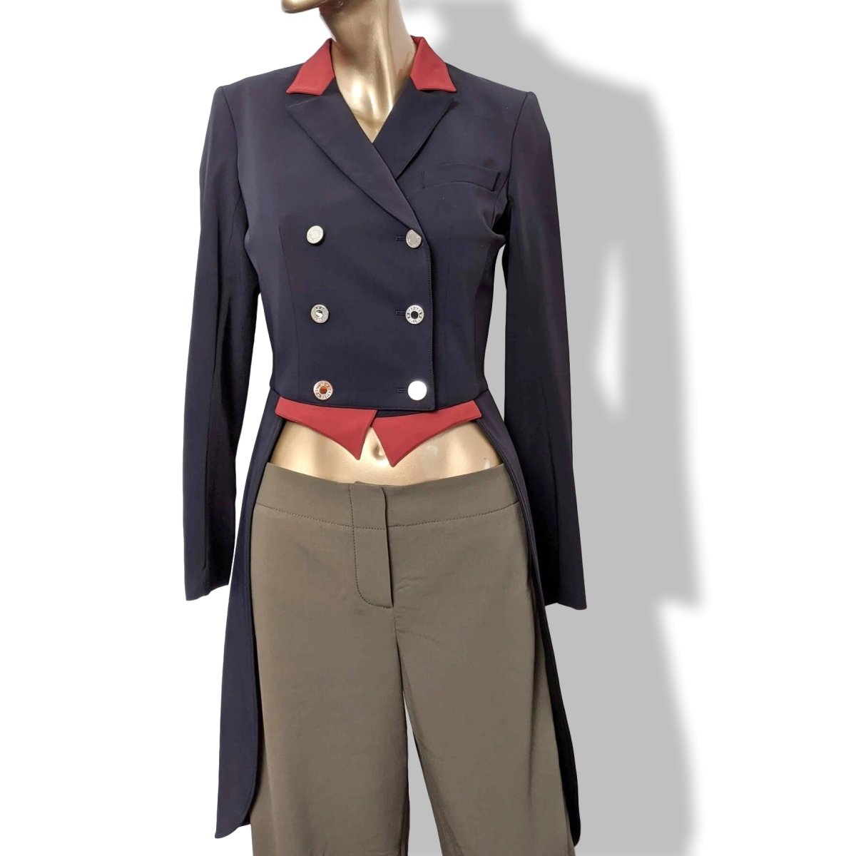 Hermes Women's Blue/Red Calfskin Lining Queue de Pie FRAC DE DRESSAGE TAILCOAT Jacket Sz38, New! - poupishop