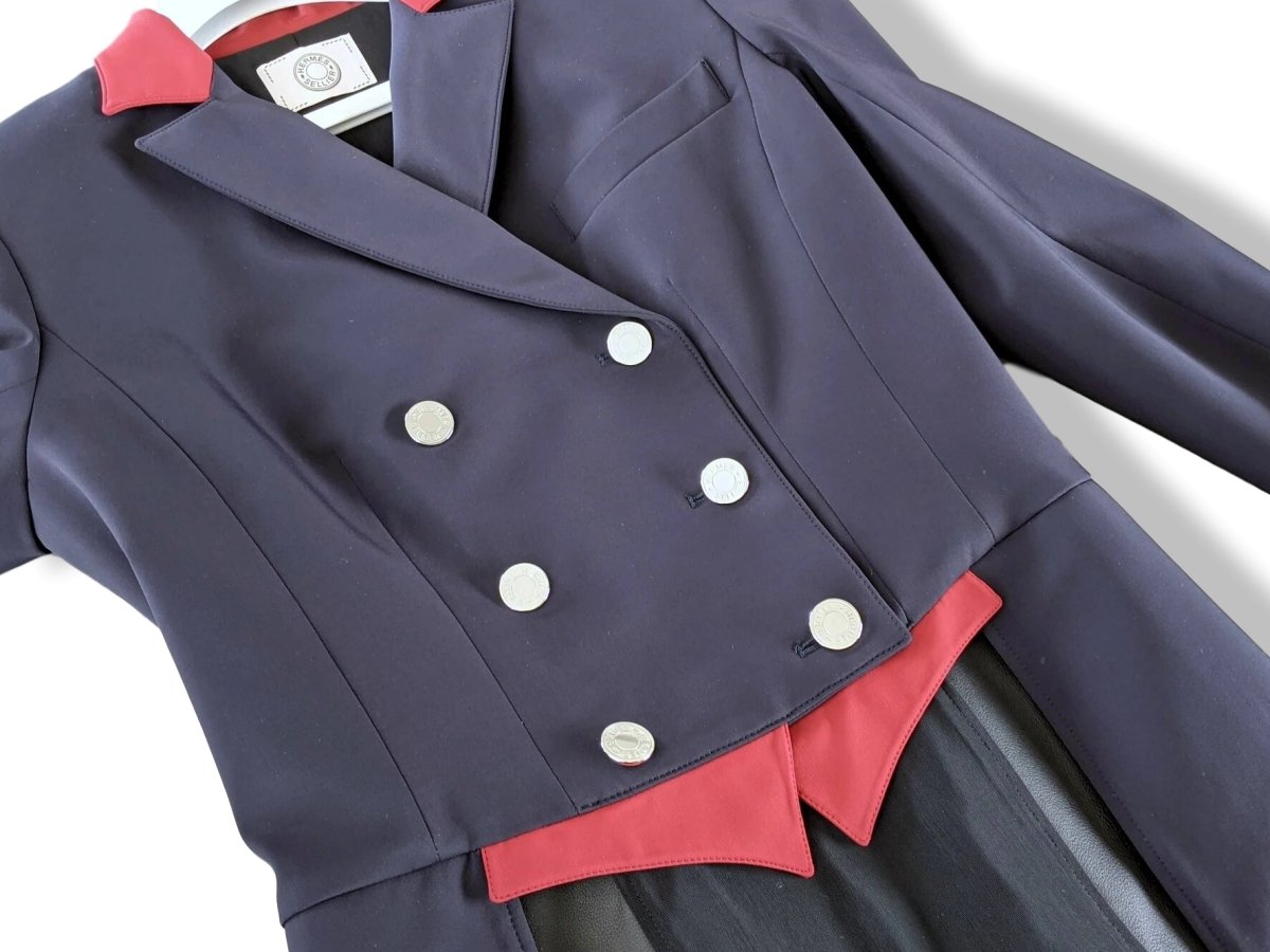 Hermes Women's Blue/Red Calfskin Lining Queue de Pie FRAC DE DRESSAGE TAILCOAT Jacket Sz38, New! - poupishop